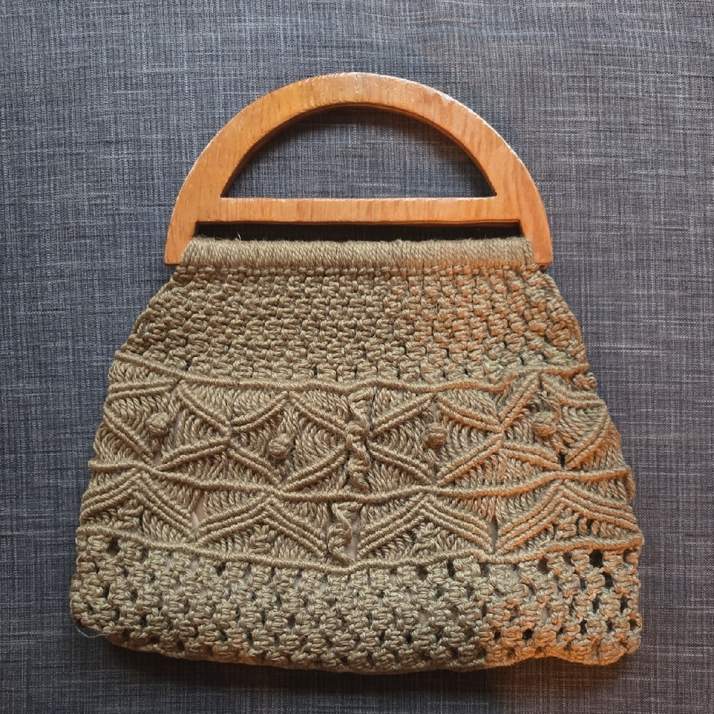 Handcrafted Tan Macrame Crochet Boho Bag with Wooden Handle